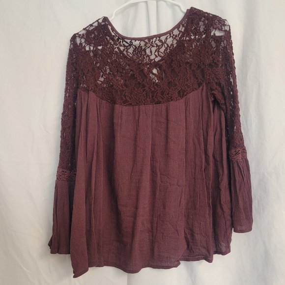 Mudd Burgundy Lace Accent Tie Front Blouse - Picture 3 of 10